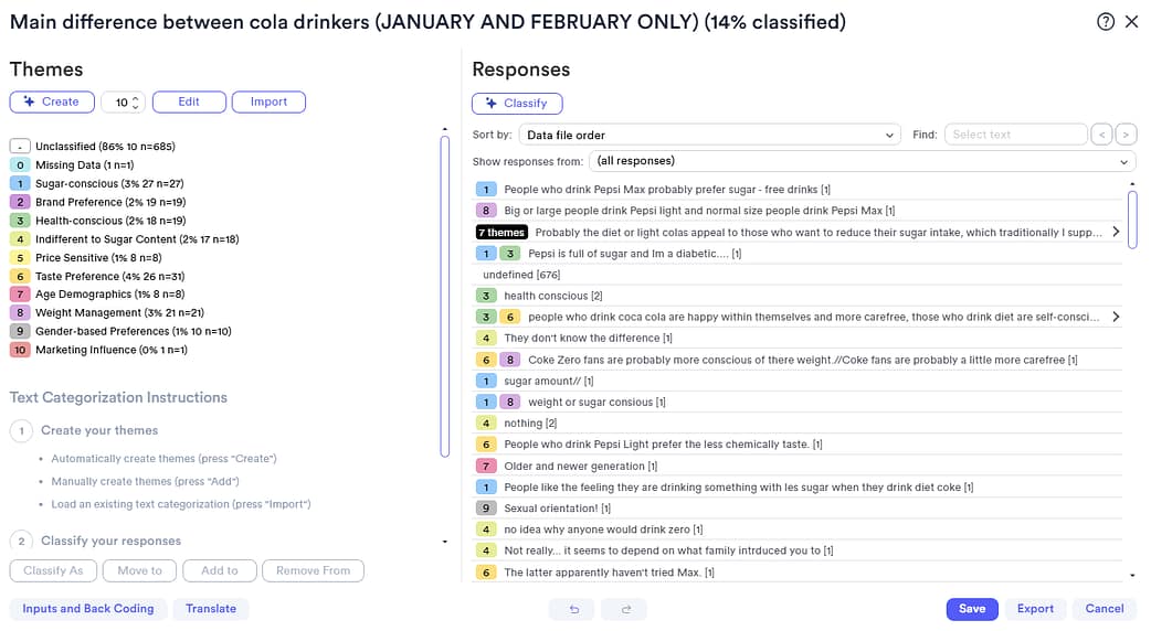 Screenshot from Displayr's thematic analysis software wherein the righthand side of the screen displays various raw responses to questions about different soft drink options and the lefthand side displays the themes Displayr has categorised them in to.