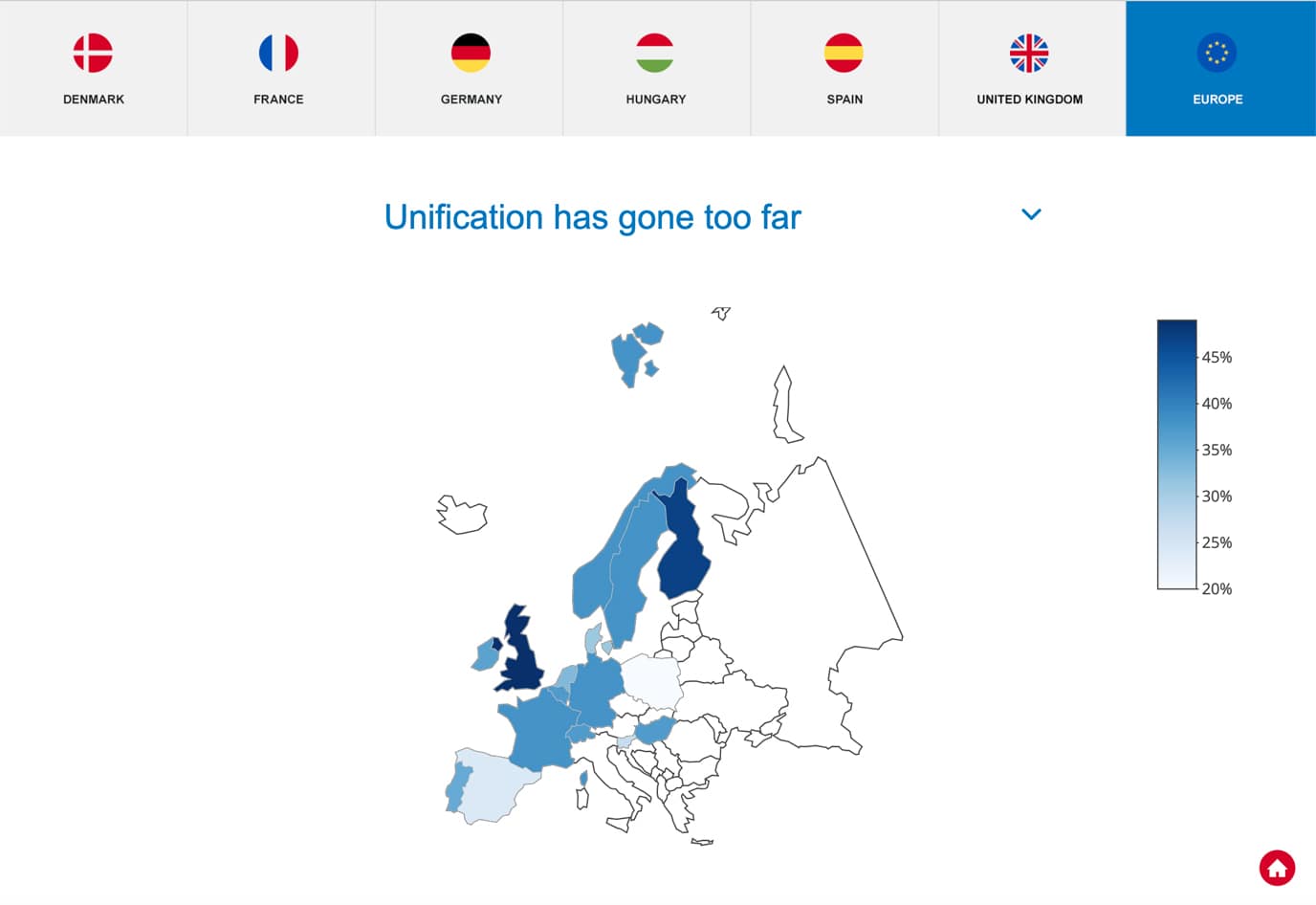 Choropleth map illustrating European attitudes towards 'Unification has gone too far'