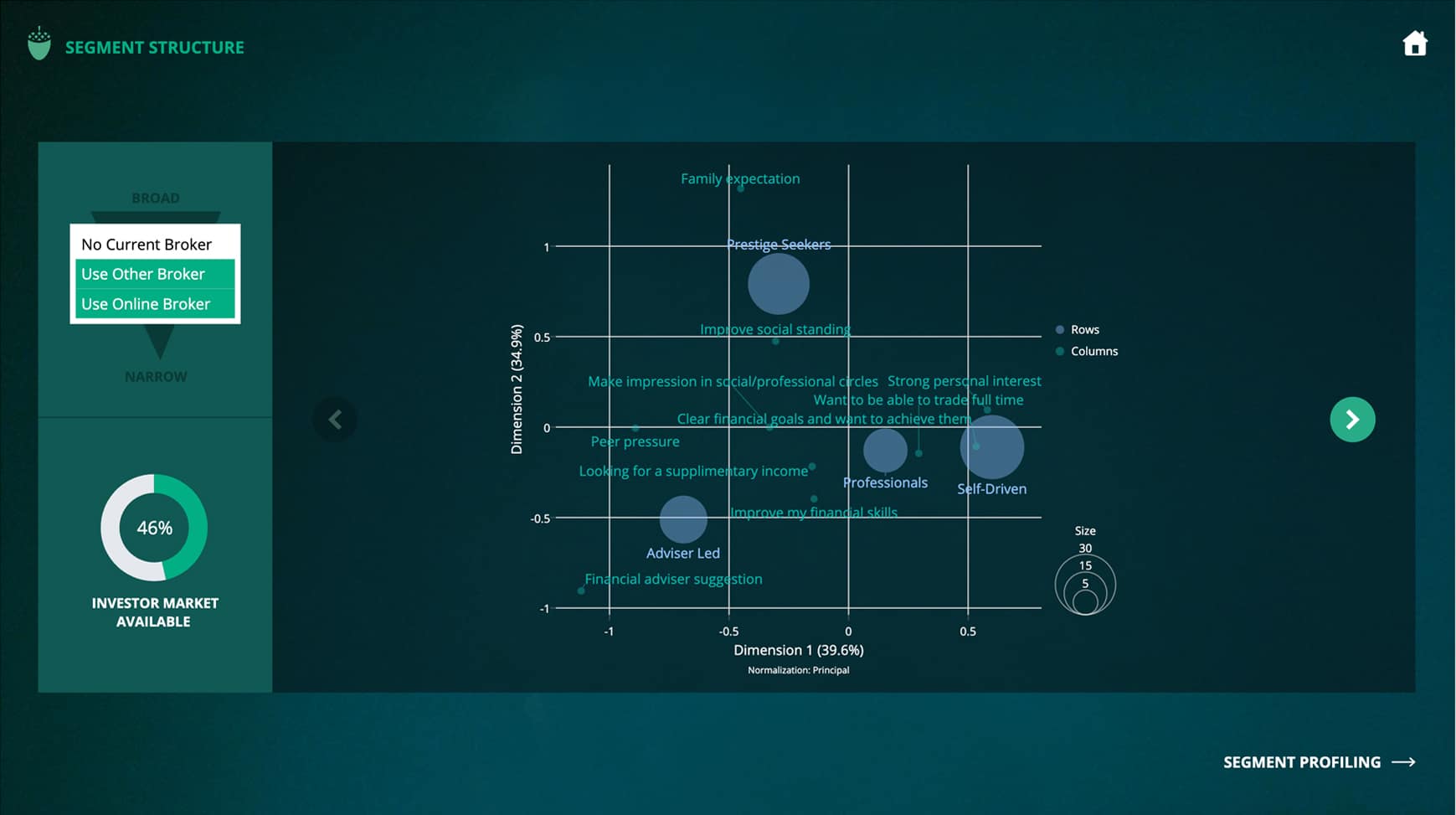 Segment structure dashboard with scatter plot of investor segments based on two dimensions, showing segment size variations.