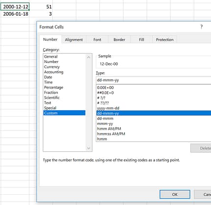 Excel table format cells dates