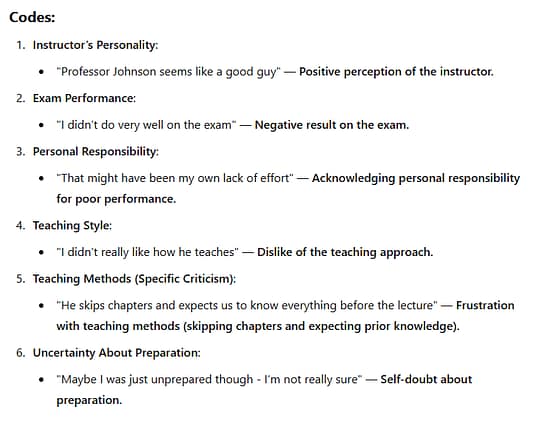 Screenshot where ChatGPT has sorted an example survey response into codes