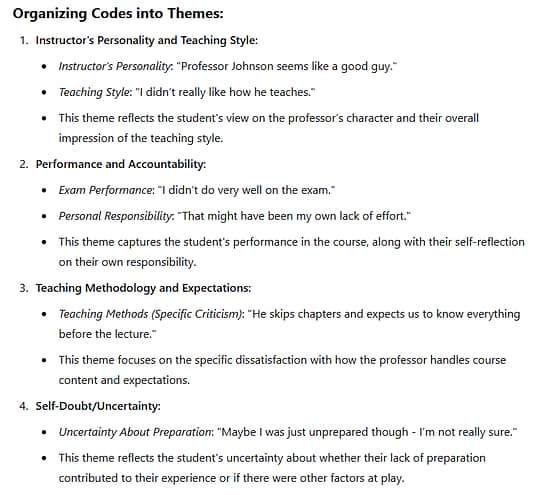 A screenshot where CHATGPT has organized the codes it analyzed from a survey response into themes.
