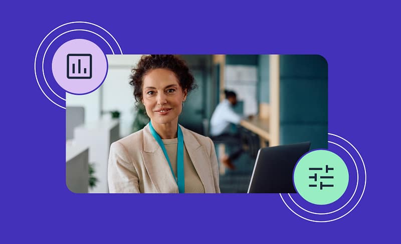 Image of businesswoman with graphics of text analytics techniques behind.