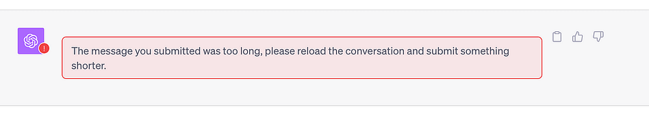A screenshot of the error message from ChatGPT when too many characters are pasted into it's search bar when attempting longer thematic analysis.